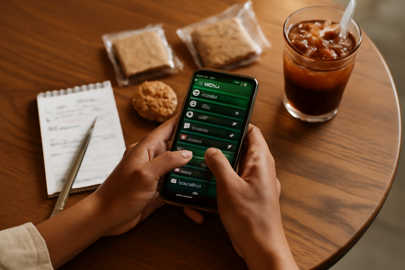 overhead view of small business owner's hands typing on a phone with WhatsApp open on a wooden café table, surrounded by handwritten order pad, product samples, and a glass of iced coffee