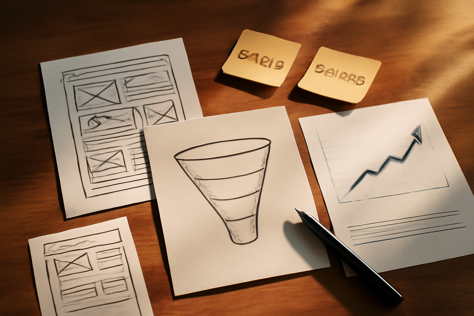 bird's-eye flat-lay of printed website wireframes, hand-drawn funnel diagram, analytics report with upward chart, sticky notes with goals, pen resting on paper — warm wooden desk, natural side-lighting, no text visible