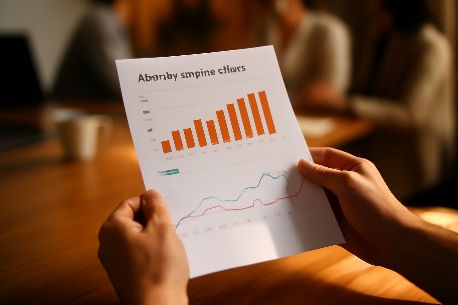 close-up of hands holding a printed monthly analytics report with bar charts and traffic graphs on a desk, warm office lighting, professional and purposeful mood