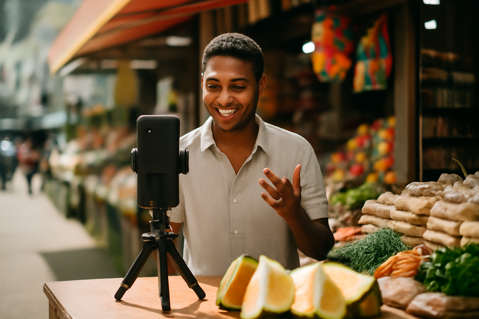 A young Mauritian content creator filming a short video outdoors near a colourful local market stall in Port Louis, phone on a small tripod, products neatly displayed in the foreground, natural midday light