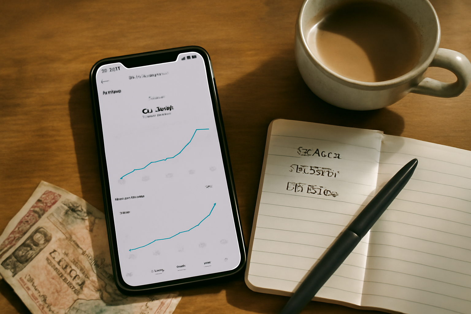 Overhead flat-lay on a wooden desk: a smartphone open to a TikTok analytics screen showing view counts and growth graphs, a pen resting on a small notebook with follower milestone numbers written, Mauritian rupee notes folded nearby, morning coffee in a ceramic cup