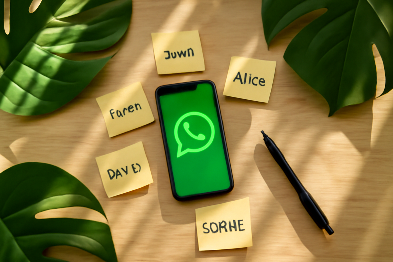 flat-lay of a phone showing the WhatsApp app icon surrounded by small sticky notes with customer names, a pen, and tropical leaves on a light wooden desk — bright natural daylight, clean and minimal composition
