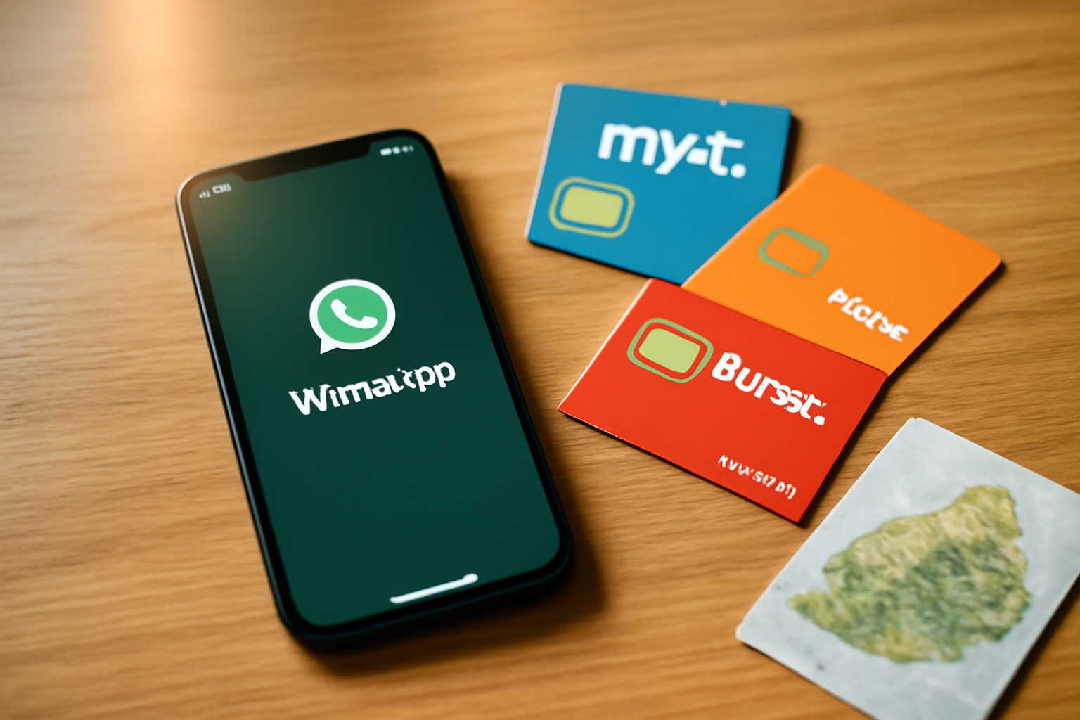 Flat-lay of a smartphone with WhatsApp open, Mauritius SIM card packs from MyT, Orange and Emtel, and a small island map on a wooden desk, warm natural light