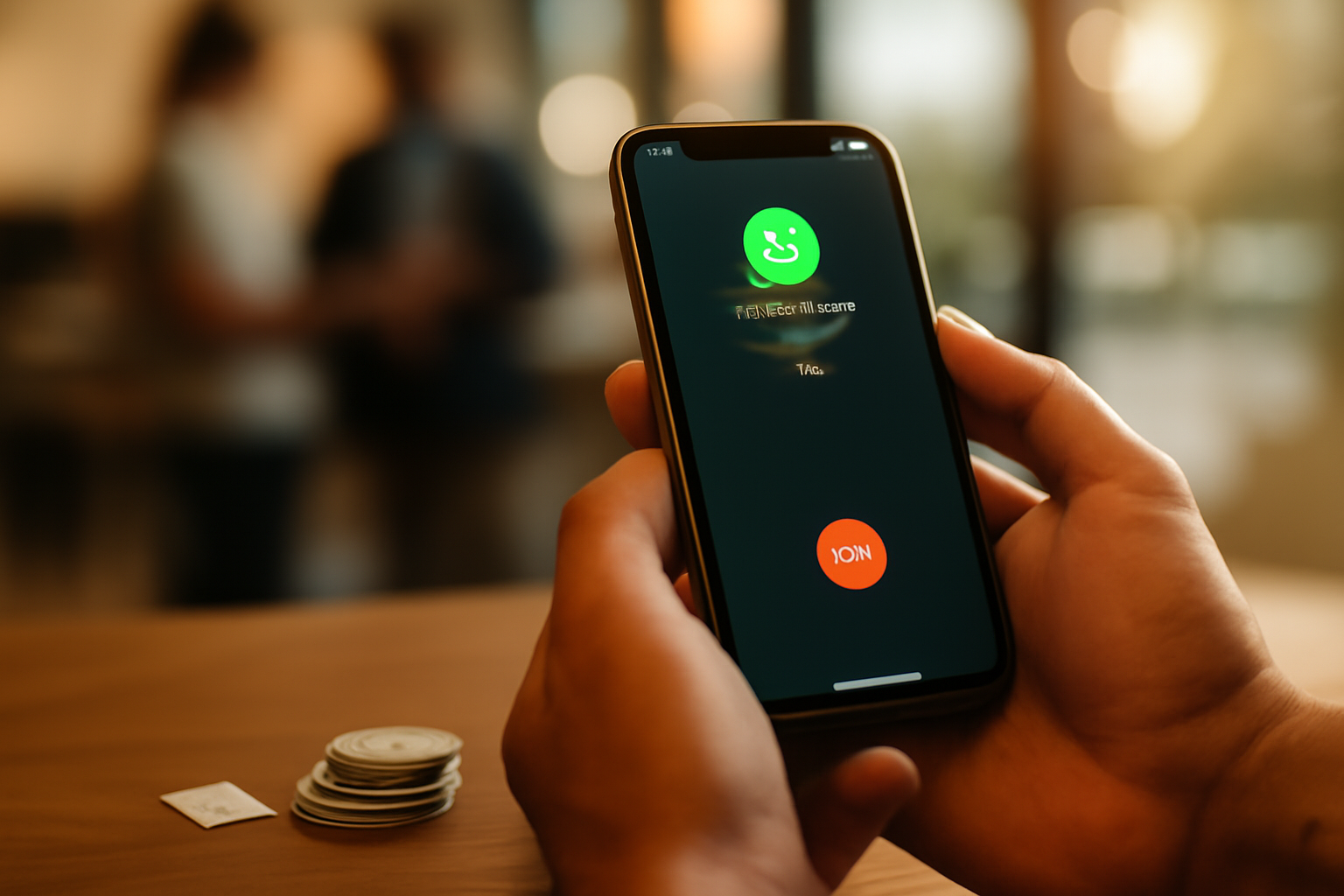 Close-up of hands holding a smartphone showing WhatsApp voice call screen, with a SIM card and Mauritius rupee coins on the table beside it, warm indoor lighting
