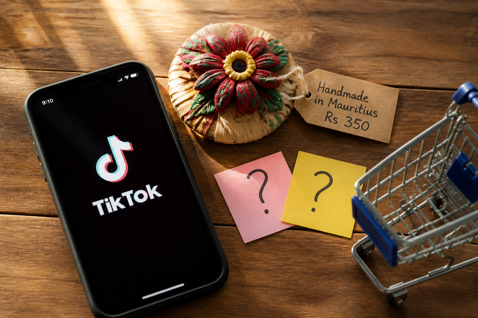 bird's-eye flat-lay of a smartphone showing TikTok app, a small handmade Mauritian craft product with a price tag, sticky notes with question marks, and a tiny shopping cart on a warm wooden surface
