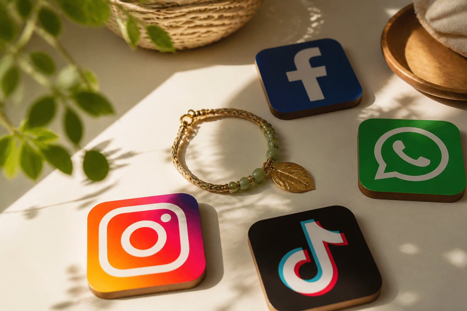 overhead flat-lay of TikTok, Instagram, Facebook, and WhatsApp icons as physical tiles arranged around a small handmade jewelry product on a clean white surface, soft natural light from the side