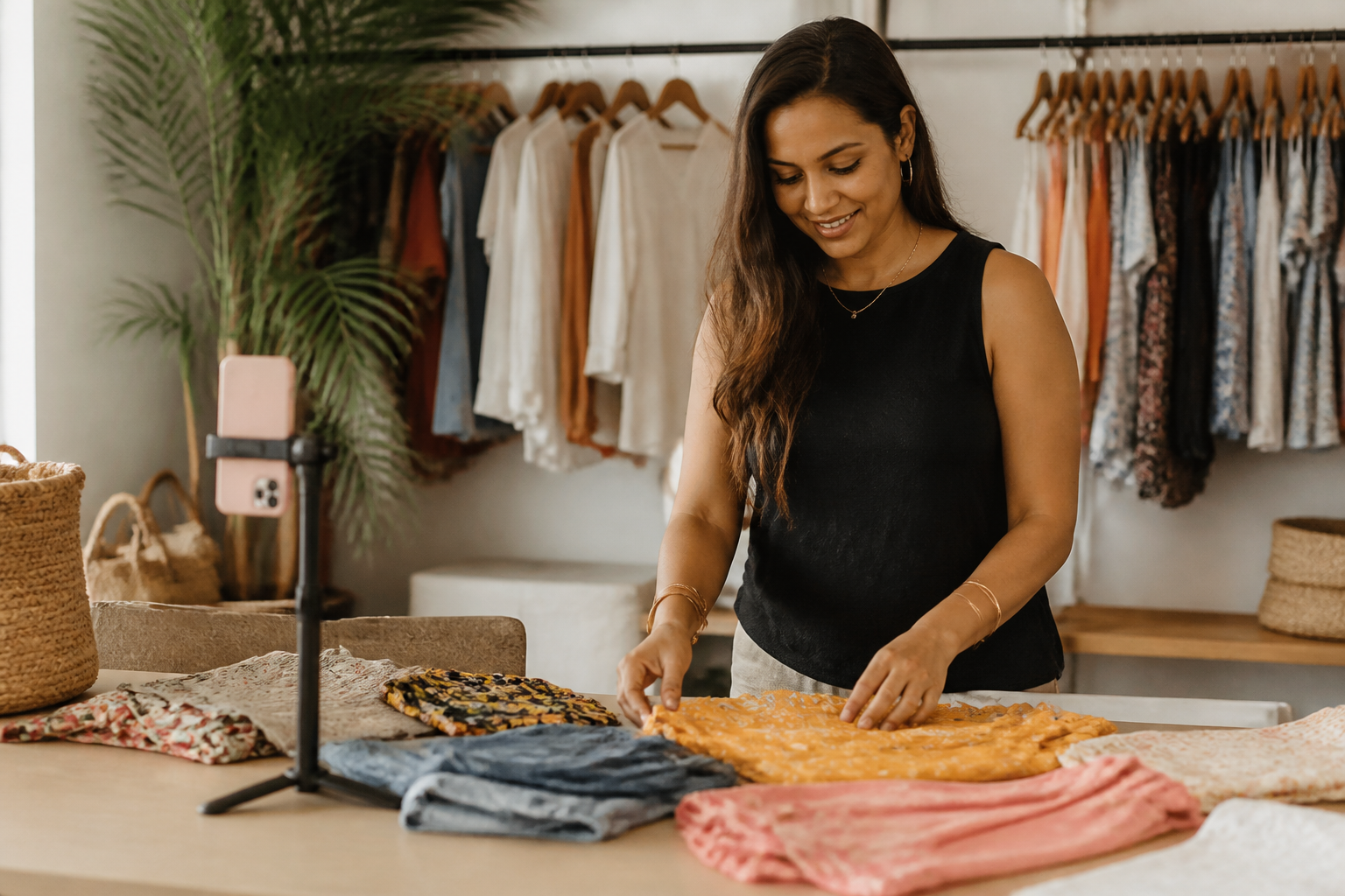 A Mauritian boutique owner arranging colourful clothing products on a table for a TikTok video shoot, warm natural light, casual and authentic local setting
