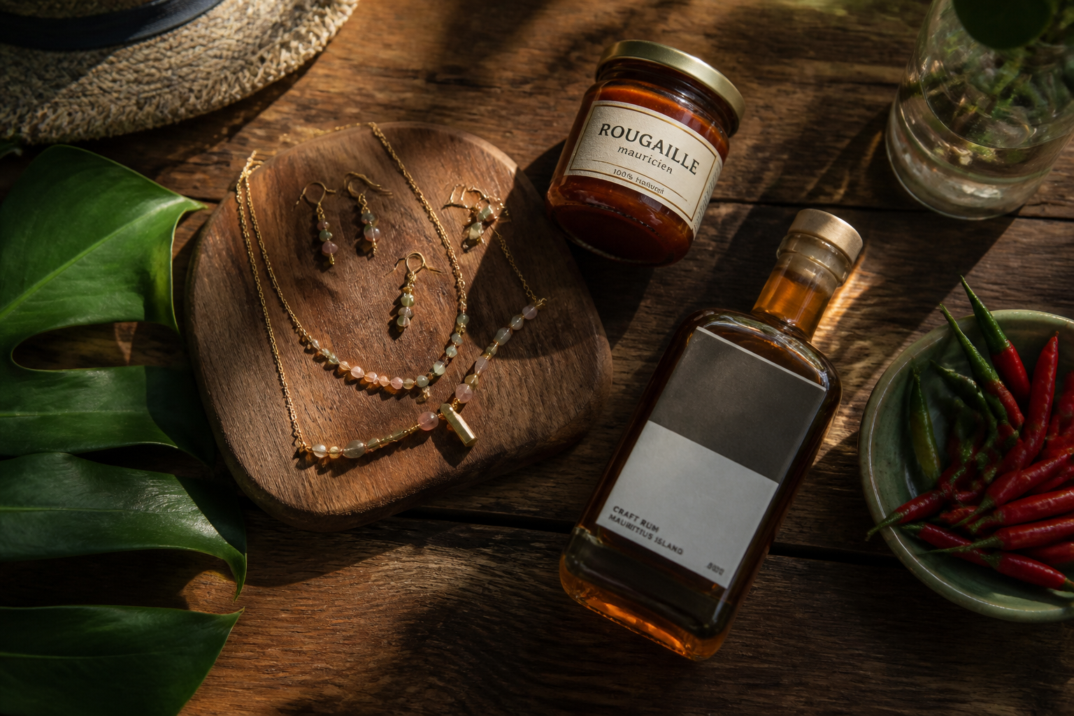 Flat-lay overhead shot of local Mauritian artisan products — handmade jewellery, a jar of local rougaille sauce, and a small bottle of craft rum — arranged on a rustic wooden table with tropical leaves as accents, warm golden hour light