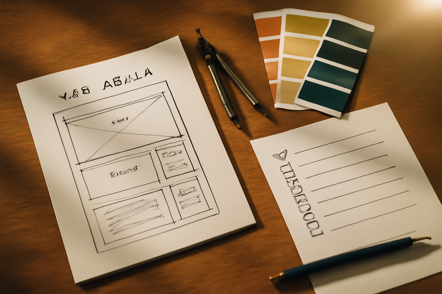 bird's-eye flat-lay of web design planning materials on a wooden desk — wireframe sketch, color swatches, printed checklist, compass, and a mechanical pencil, warm side lighting, no screens or people