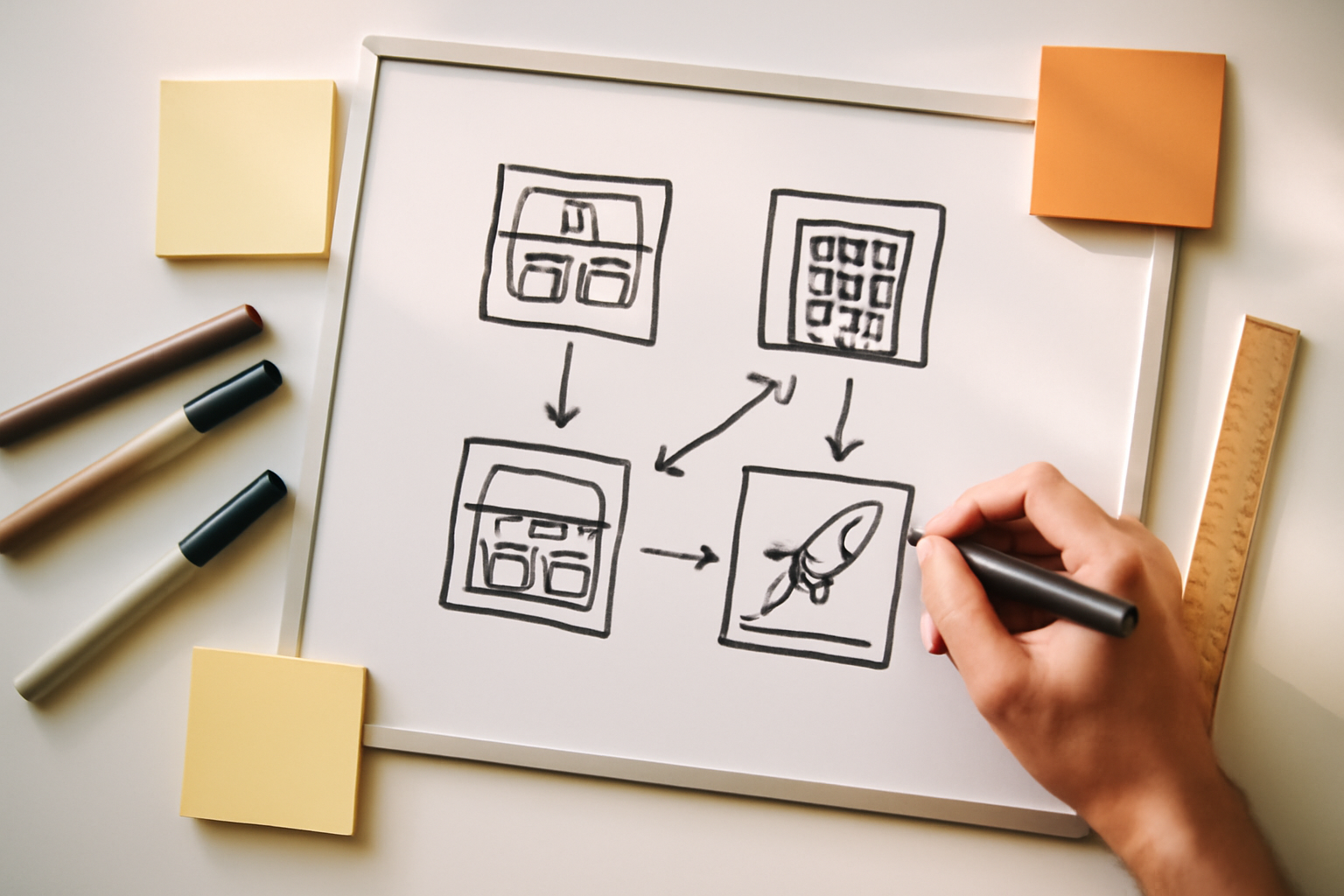 whiteboard flat-lay with hand-drawn boxes representing different business types — restaurant, office building, shop front, startup logo — connected by arrows, surrounded by sticky notes, markers, and a ruler on a clean white surface