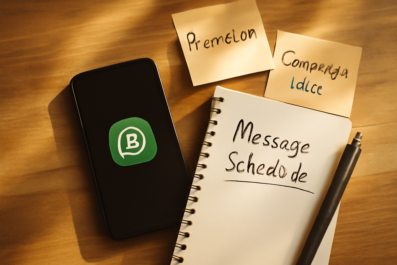overhead flat-lay of a smartphone showing WhatsApp Business green icon, a handwritten message schedule in a notebook, sticky notes with campaign ideas, and a pen — warm lighting on a wooden desk