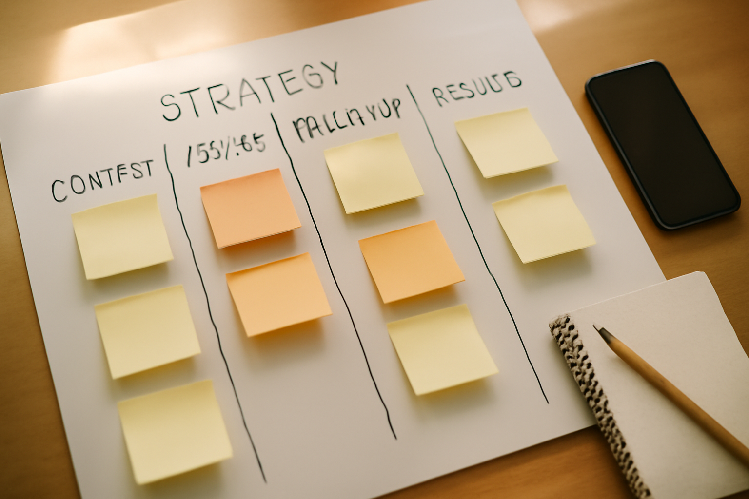 bird's-eye view of a strategy whiteboard with sticky notes in columns labelled 