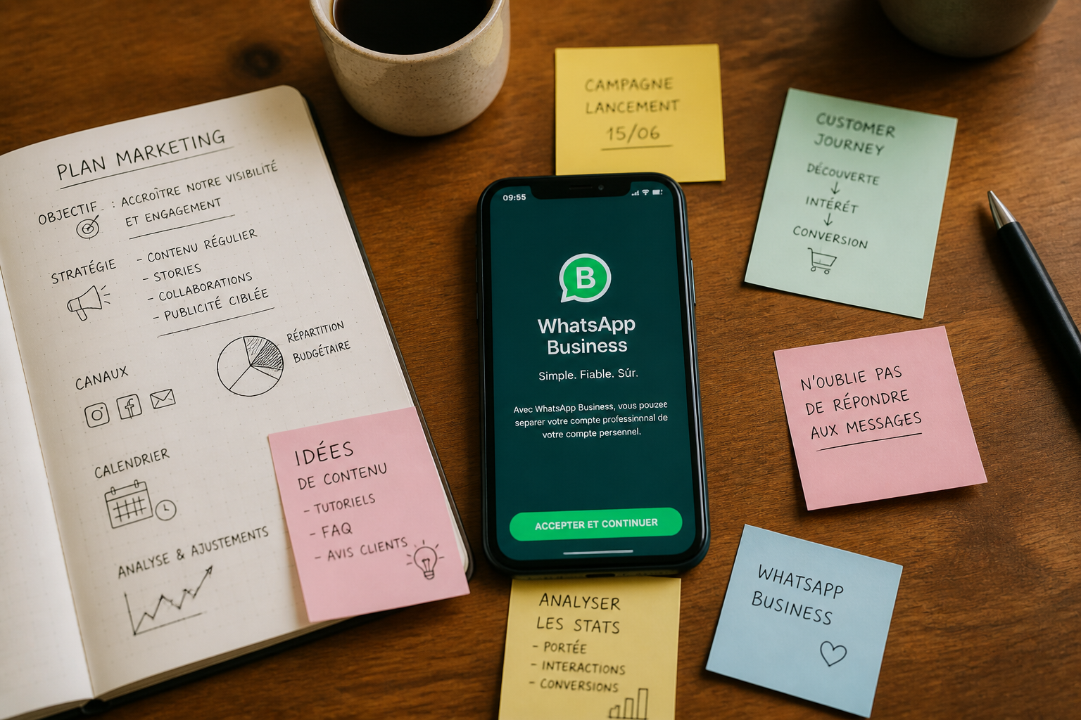 bird's-eye flat-lay of a smartphone showing WhatsApp Business app, surrounded by a handwritten marketing plan notebook, coffee cup, and scattered post-it notes in French and English on a warm wooden desk