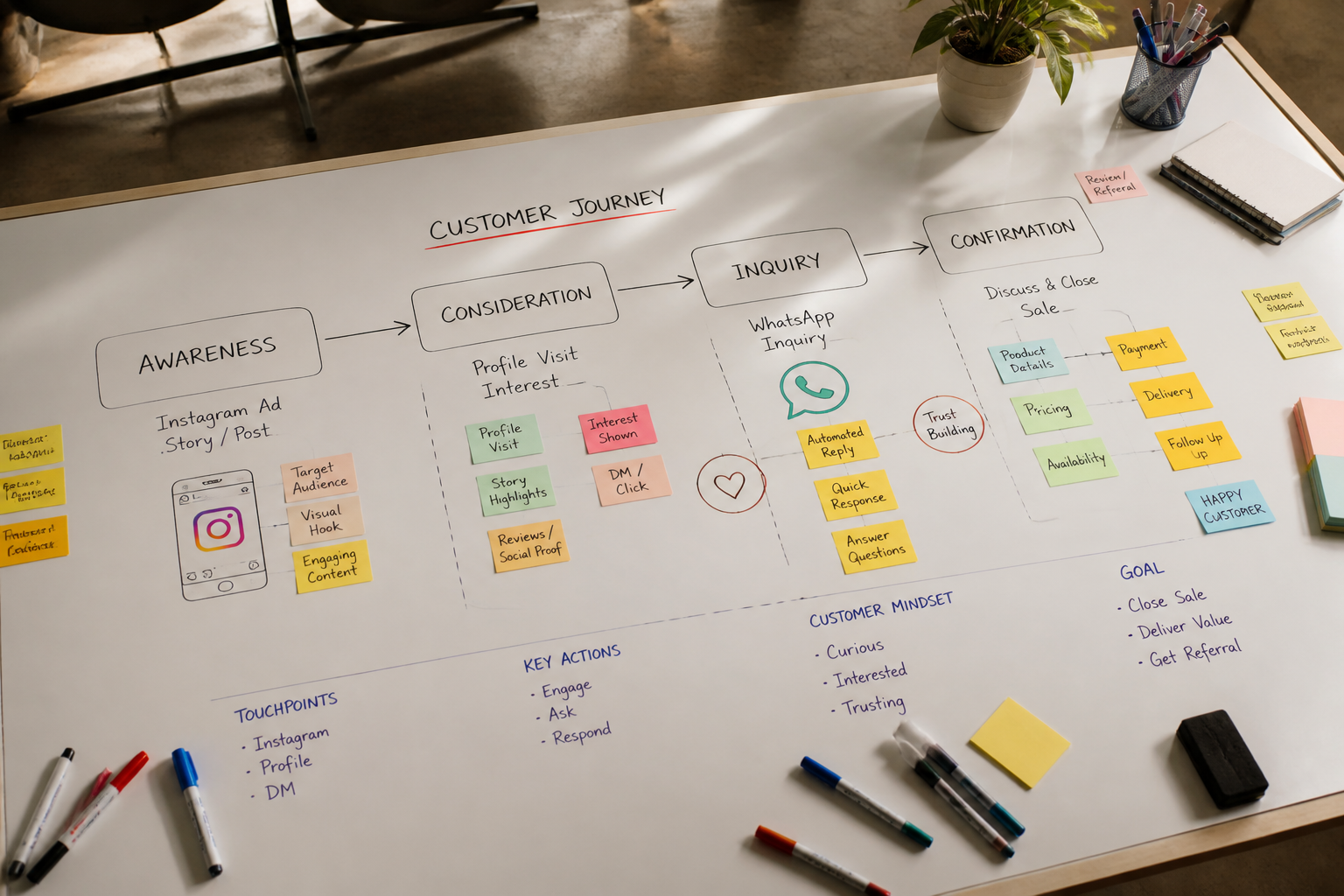 bird's-eye view of a whiteboard covered in a hand-drawn customer journey map showing the flow from Instagram ad to WhatsApp inquiry to confirmed sale, with coloured sticky notes and markers laid around it