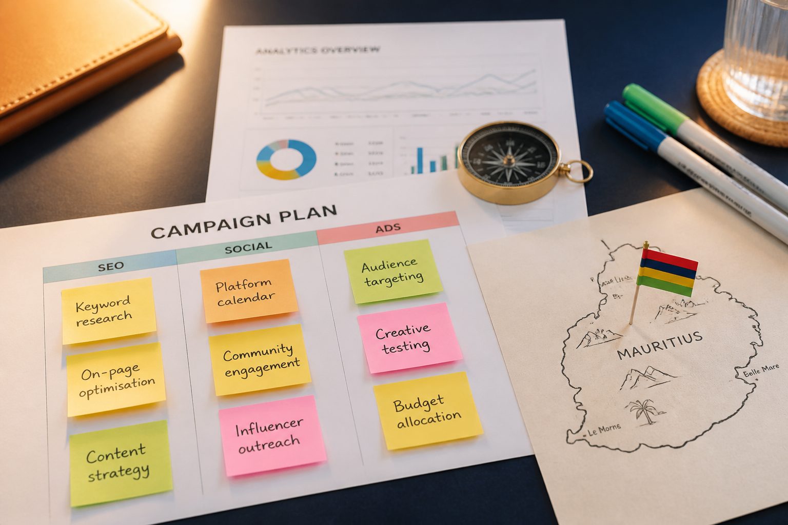 flat-lay of marketing strategy tools on a navy desk — printed campaign plan with colourful sticky notes for SEO, Social, and Ads columns, a compass on an analytics report, two markers, and a small Mauritius flag pinned to a hand-drawn island map, warm side lighting, editorial style