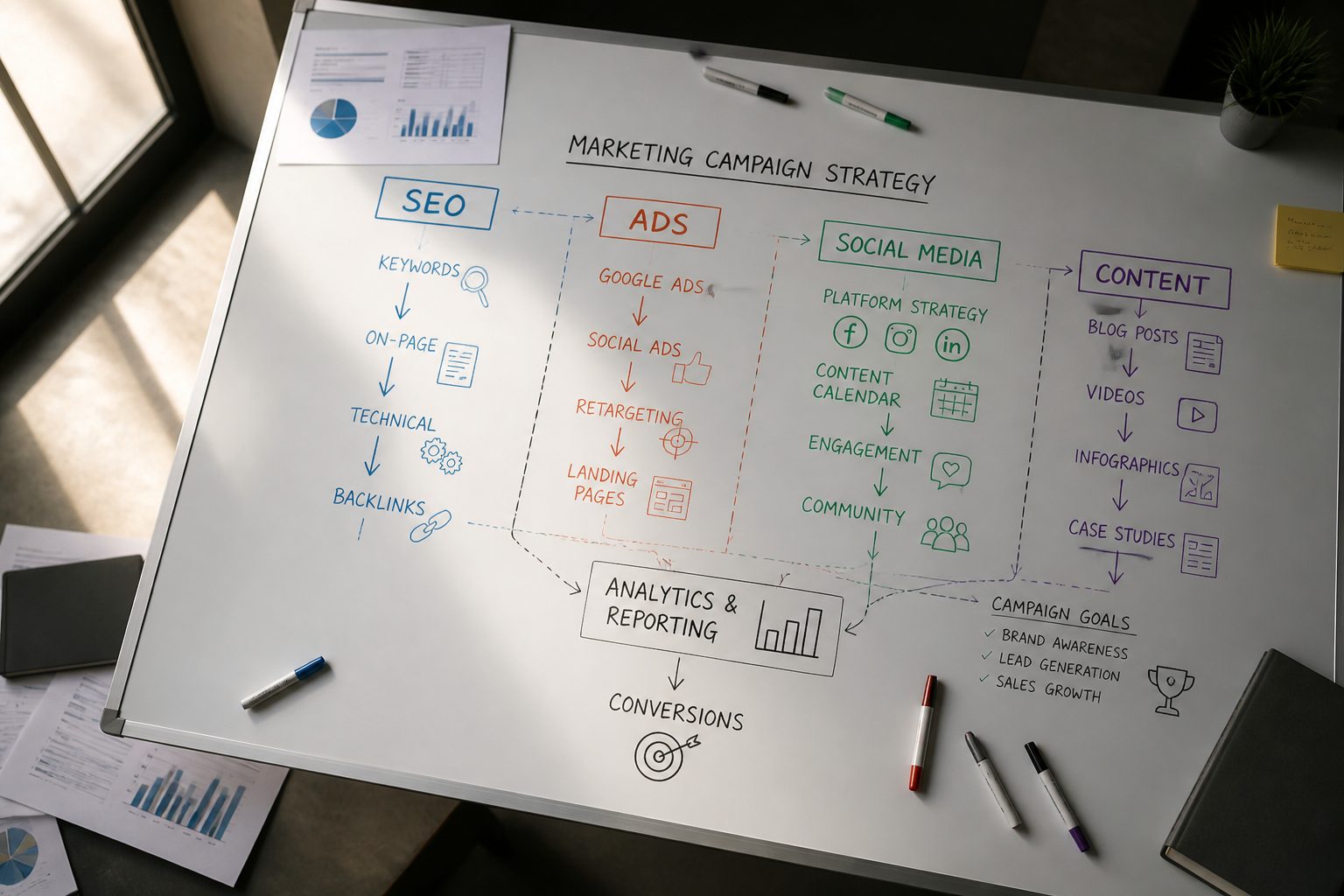 bird's-eye view of a large whiteboard covered in a colour-coded marketing campaign strategy map divided into sections for SEO, Ads, Social Media, and Content, with dry-erase markers and printed analytics sheets scattered around it, natural window light from the left, overhead angle, no people