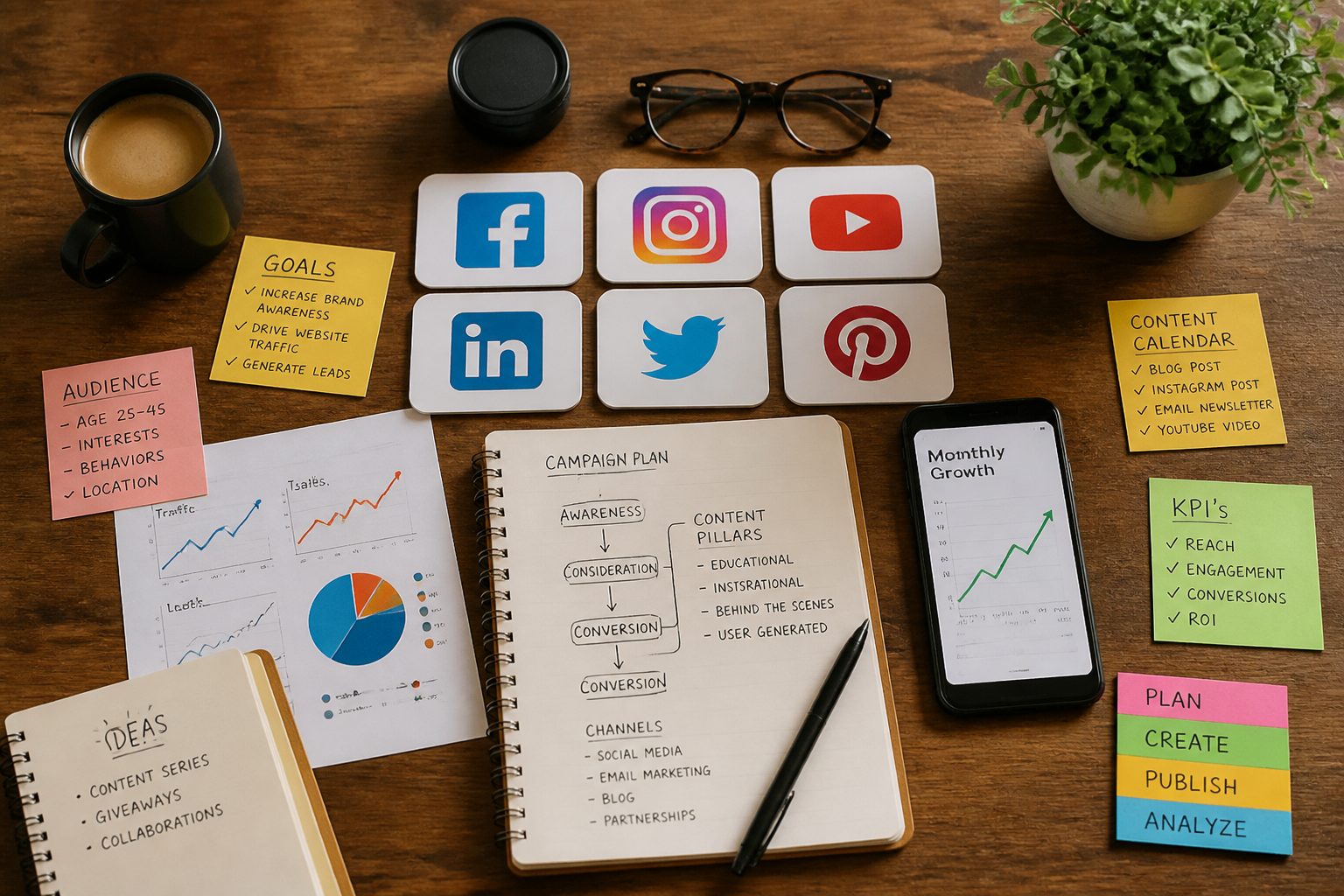 Flat-lay overhead shot of a marketing strategy planning board with printed social media icons arranged as physical tiles, a notebook with handwritten campaign notes and arrows, colour-coded sticky notes, and a smartphone showing an upward-trending graph, all laid out neatly on a warm wooden desk surface