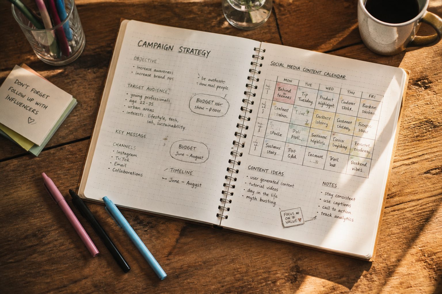 Bird's-eye view of an open strategy notebook filled with handwritten marketing campaign notes, arrows, and a rough social media content calendar sketch, surrounded by coloured pens and a cup of coffee on a warm-toned wooden desk, warm natural lighting
