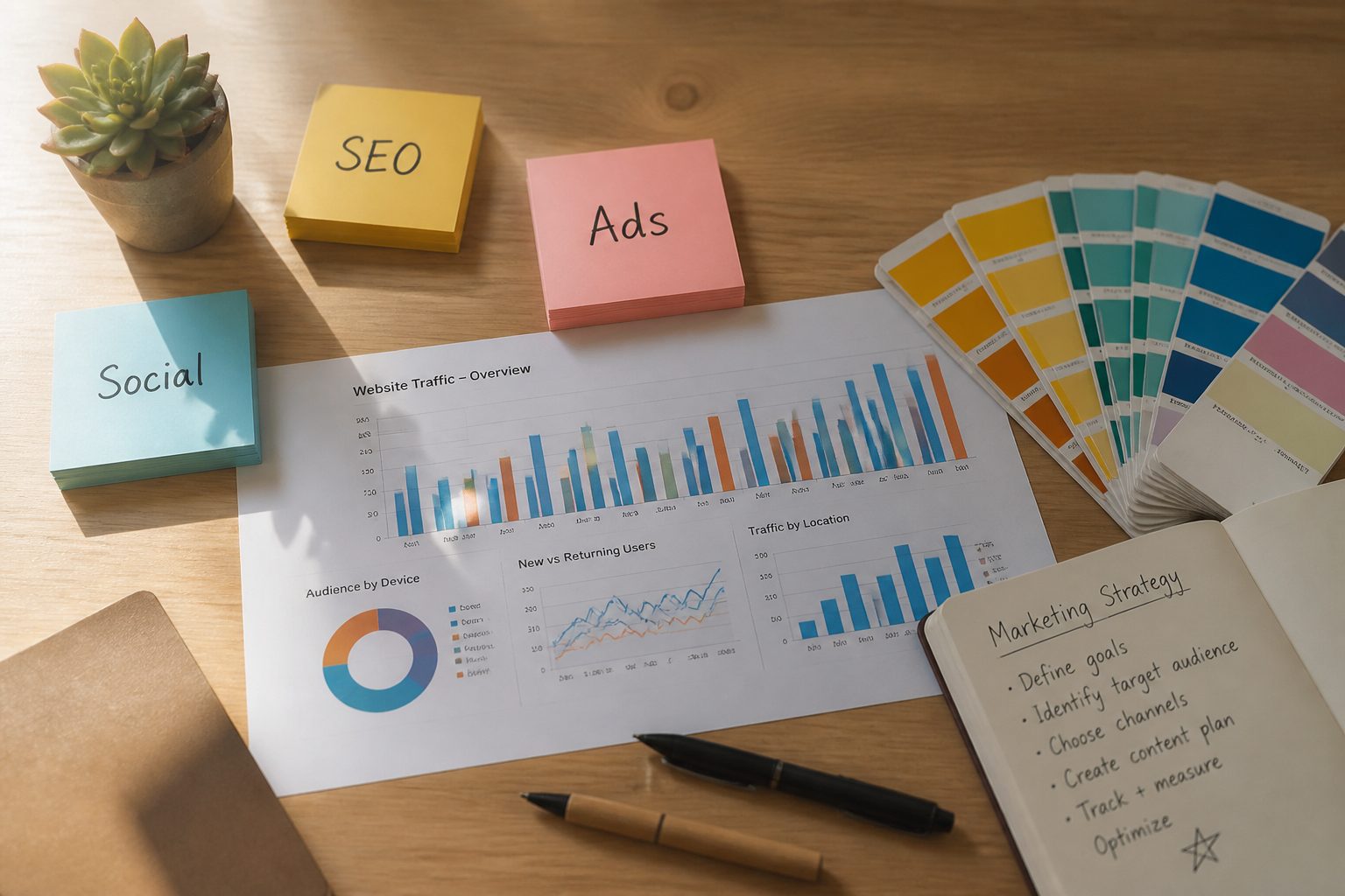 flat-lay bird's-eye view of marketing strategy tools on a light wooden desk — printed analytics sheet with colourful bar charts, sticky notes labelled SEO, Ads, and Social, Pantone swatches, two pens, a small open notebook with handwritten notes, and a tiny succulent plant in the corner, warm natural light from the left creating soft shadows
