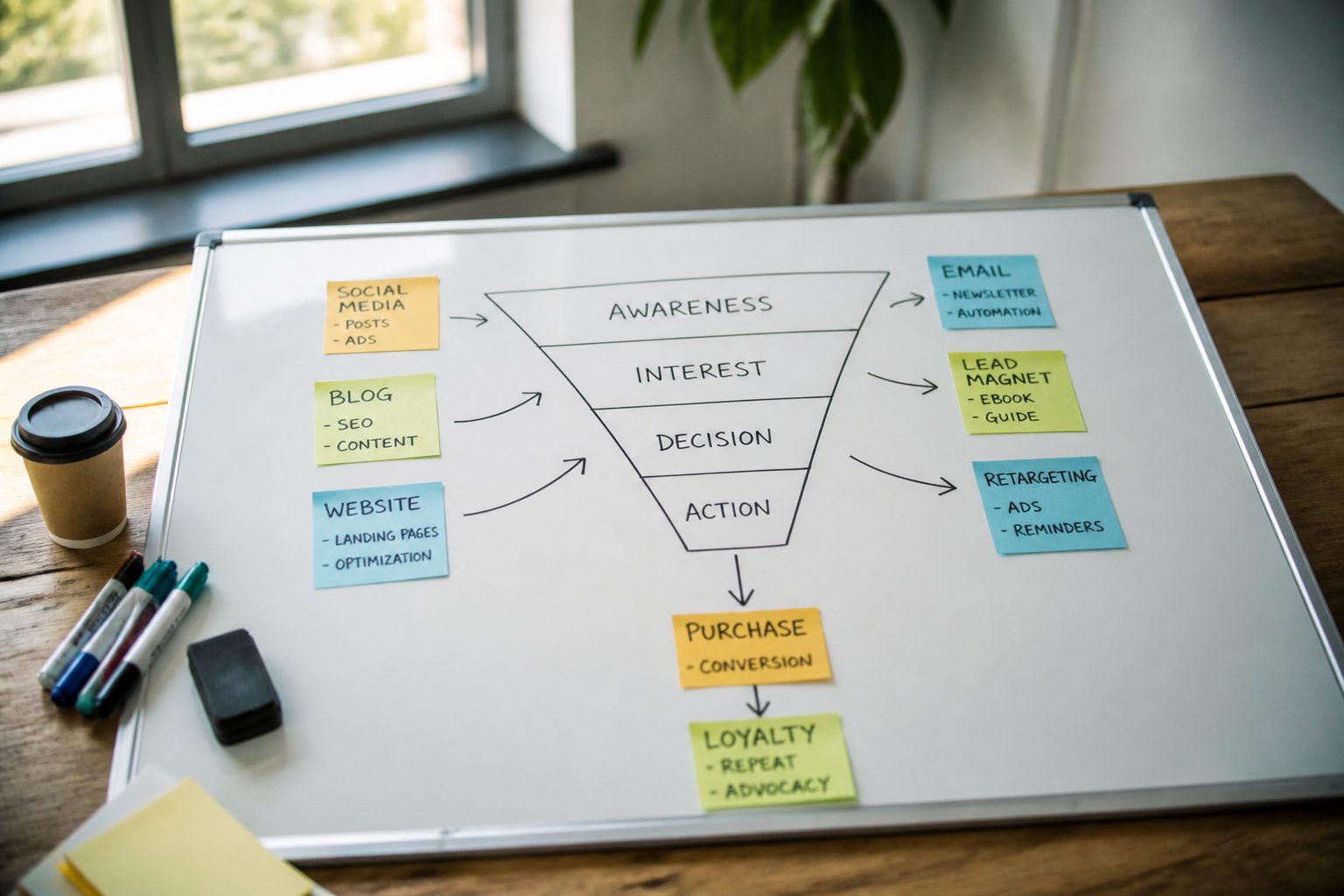 overhead view of a bright office whiteboard covered in a hand-drawn marketing funnel diagram, sticky notes in blue, yellow, and green with arrows connecting them, markers and a takeaway coffee cup resting to the side, clean natural daylight from a nearby window