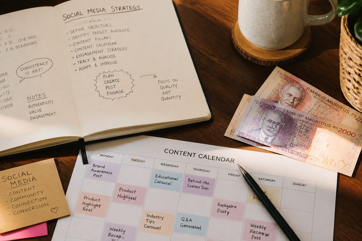 flat-lay of a content calendar, handwritten strategy notes, and Mauritian rupee notes on a wooden desk, representing social media agency pricing and planning