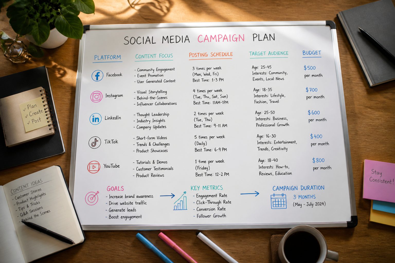 bird's-eye view of a whiteboard with a social media campaign plan sketched in coloured markers, showing platform breakdown, posting schedule, and budget columns, surrounded by notebooks and pens on a clean desk