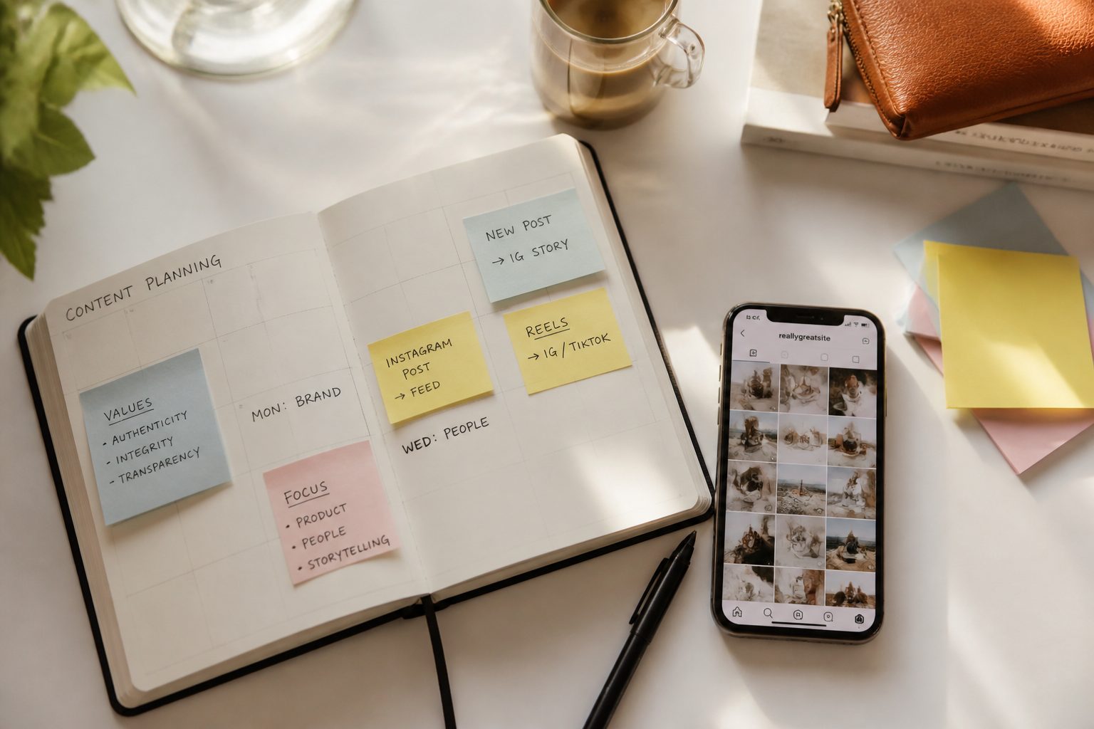bird's-eye flat-lay of a content planning session — open planner, sticky notes, smartphone showing a colourful Instagram grid, warm natural light on a clean white desk