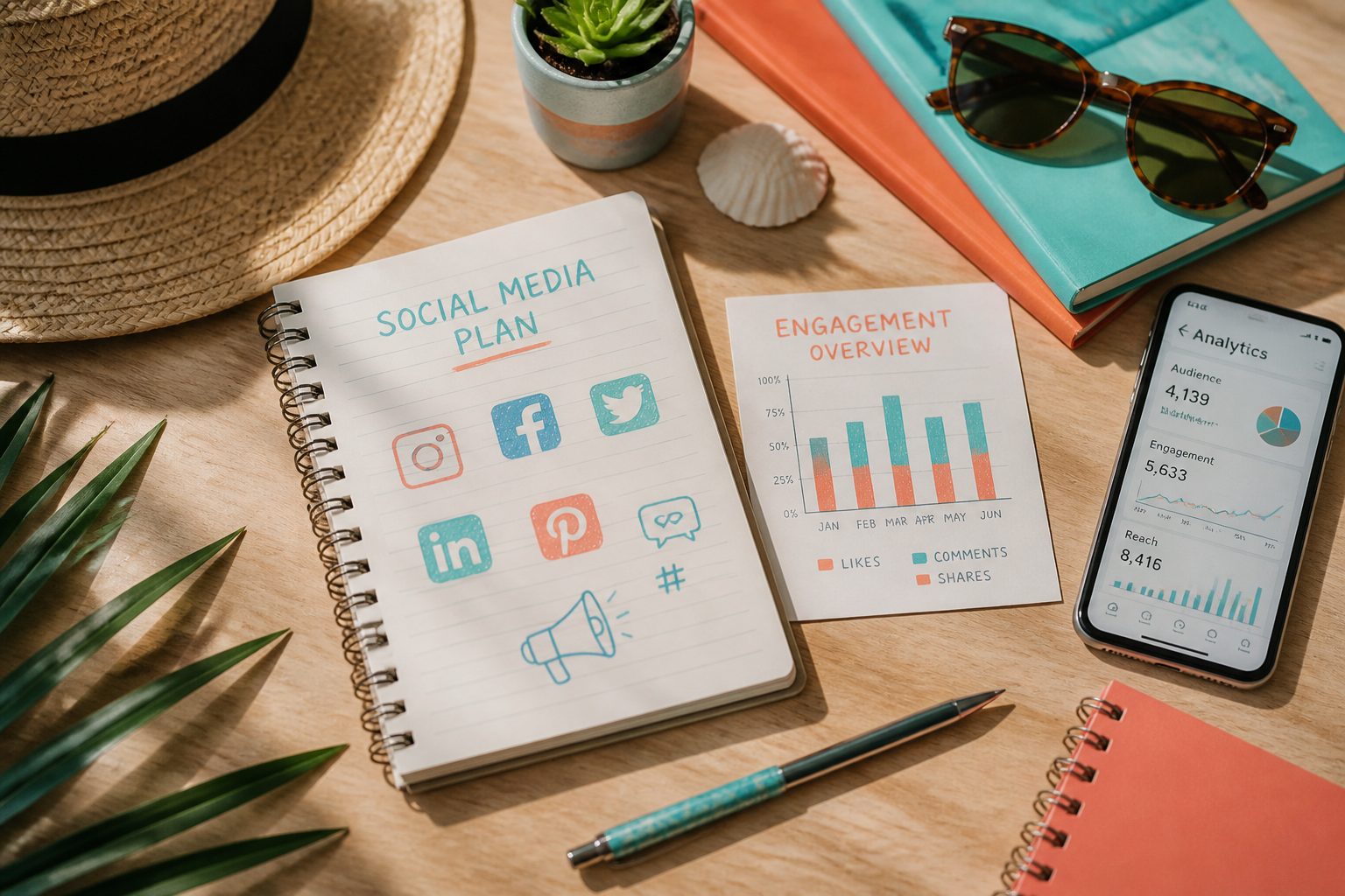 flat-lay of social media marketing planning props — notebook with social platform icons sketched in coloured pen, small engagement metric chart, phone showing analytics dashboard, coral and turquoise Mauritius-inspired palette on a light wood surface