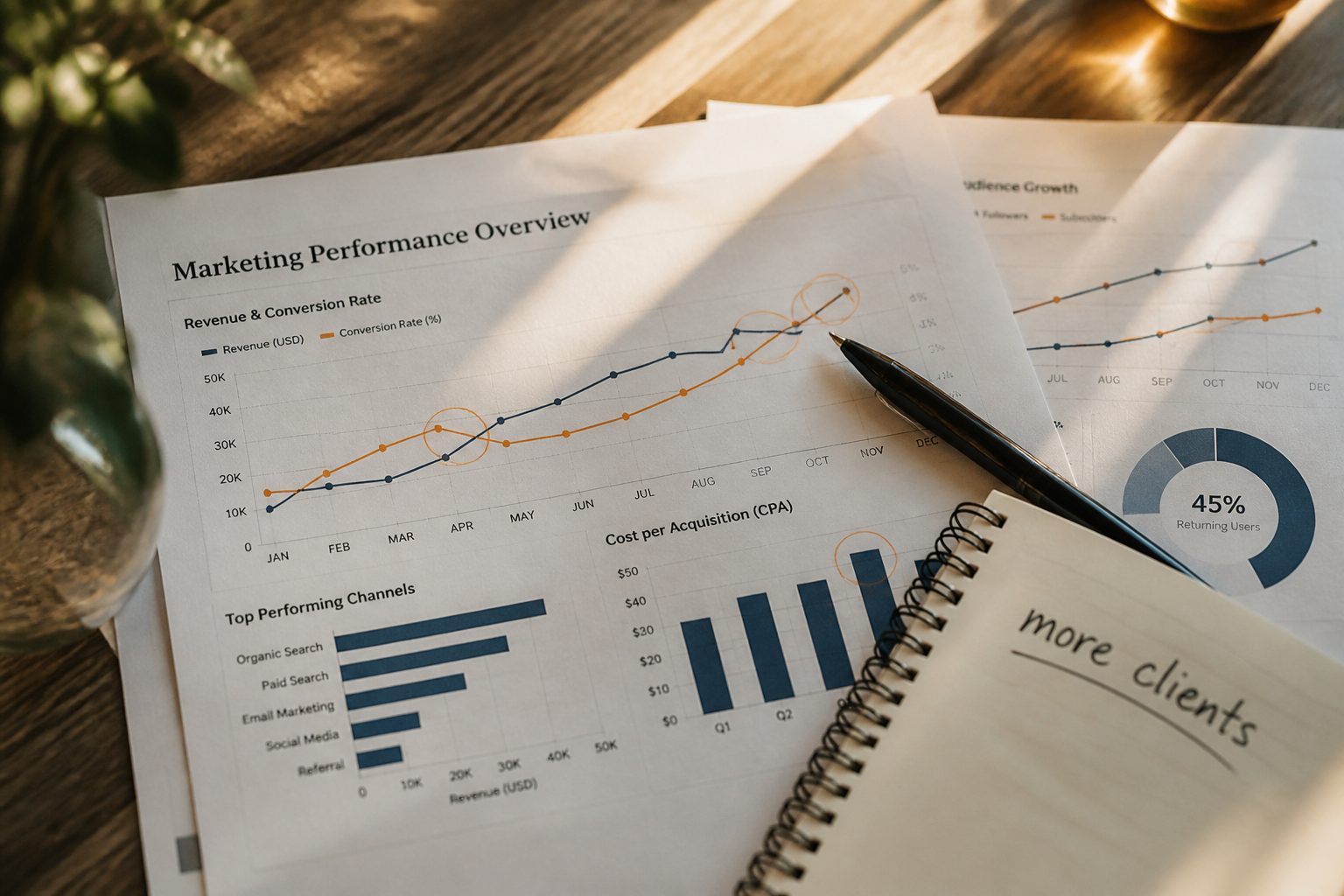 Close-up flat-lay of a printed marketing performance report with graphs and circled data points, a pen resting on top, a notepad with 