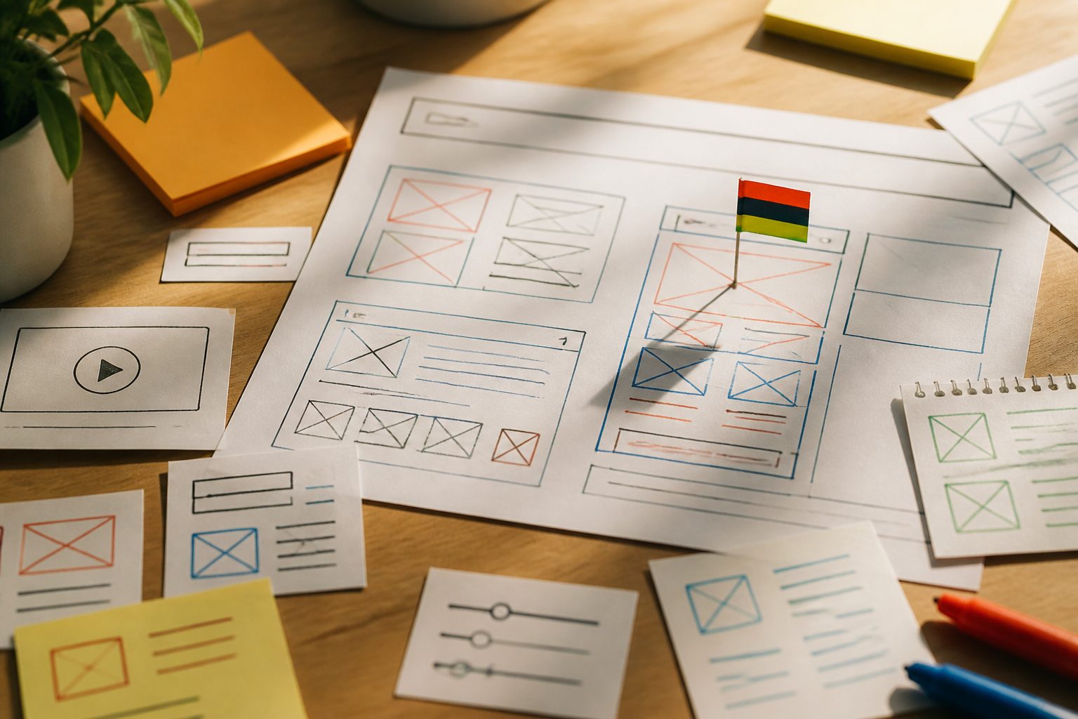 overhead flat-lay of hand-drawn website wireframes, sticky notes, and a Mauritius flag pin on a wooden desk, warm morning light