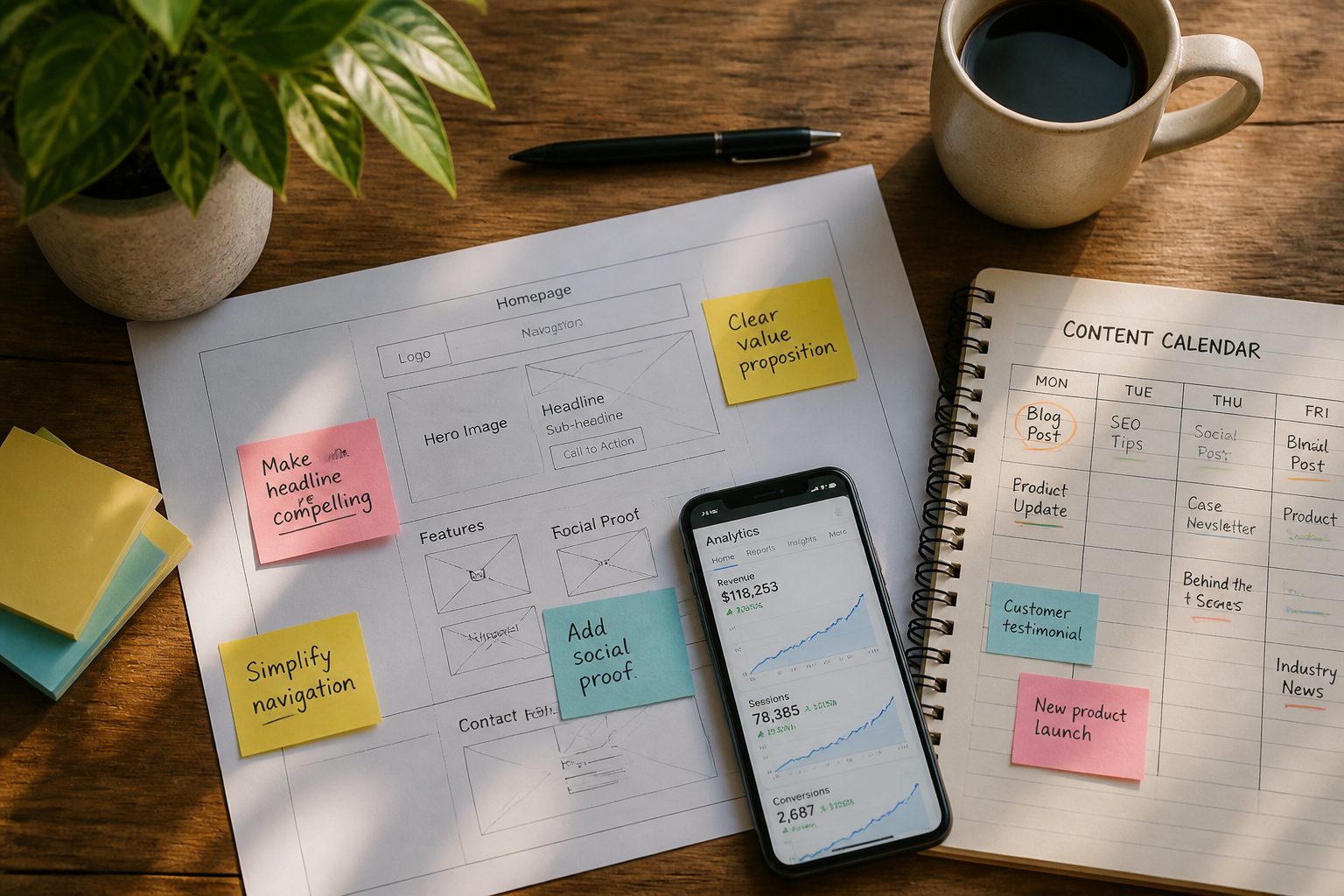 A flat-lay overhead shot of a printed website wireframe with sticky-note annotations, a spiral notebook showing a content calendar, and a smartphone displaying a Google Analytics dashboard with upward-trending graphs, arranged on a wooden desk with a small tropical plant in the corner