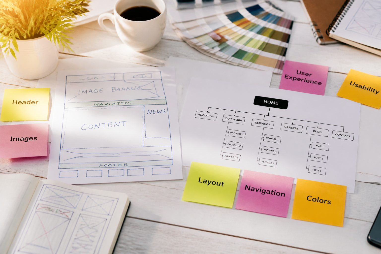 Bird's-eye flat-lay of web design planning materials — wireframe sketches, color palette swatches, sticky notes with UI labels, and a printed site map on a white wooden surface, bright natural light