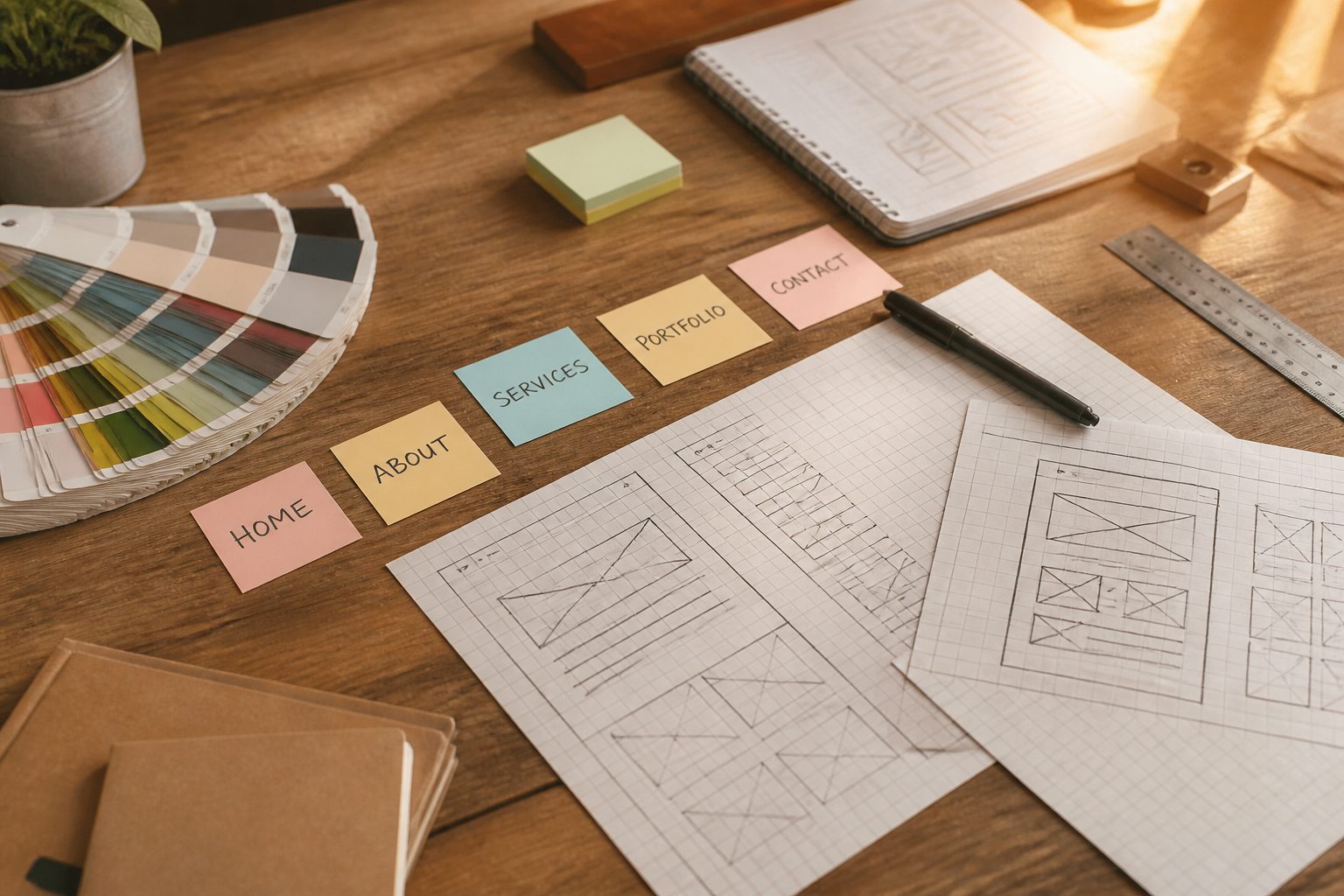flat-lay of web design planning materials — wireframe sketches on graph paper, colour swatches, sticky notes with website section labels, ruler and pen on a wooden desk, warm natural lighting