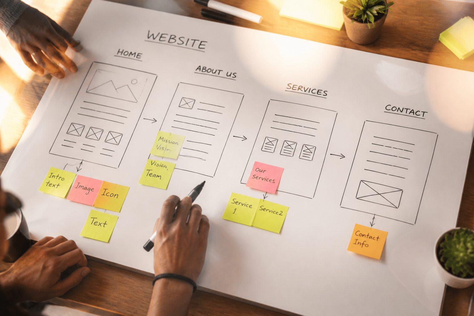 bird's-eye view of a strategy planning session — whiteboard with hand-drawn website wireframe sketches, sticky notes arranged in columns by page section, a hand holding a marker, warm office lighting, no faces visible