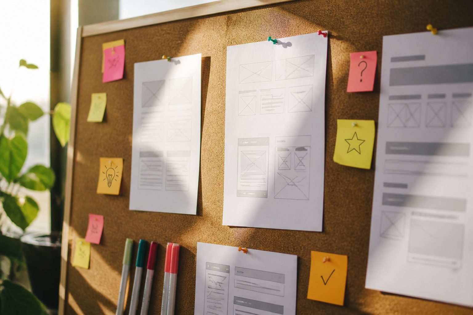 Flat-lay of printed website wireframe sketches pinned to a corkboard, surrounded by coloured sticky notes and marker pens, warm natural side lighting, minimal and editorial feel