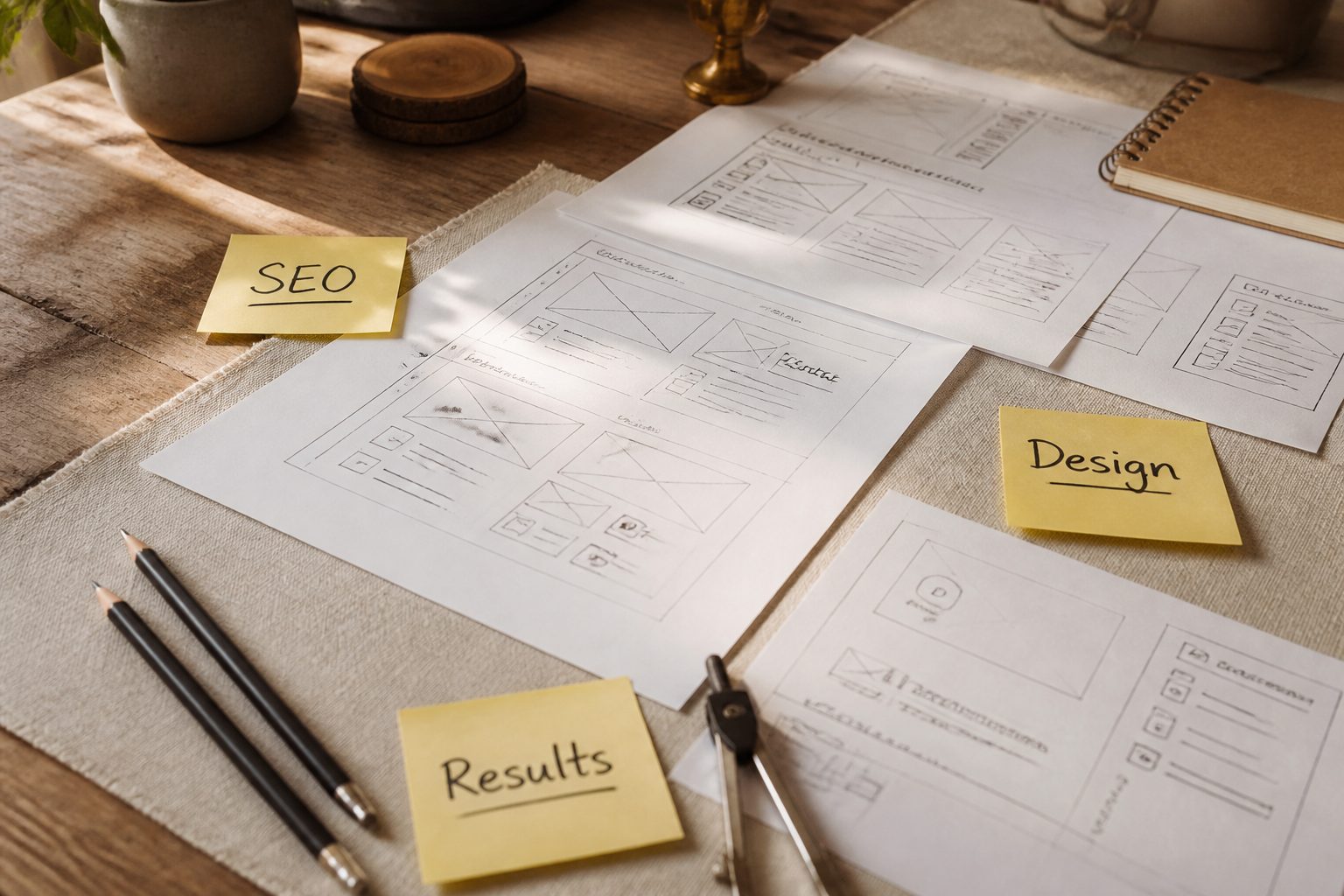 Bird's-eye flat-lay of a wooden desk with printed wireframe sketches, sticky notes labelled 