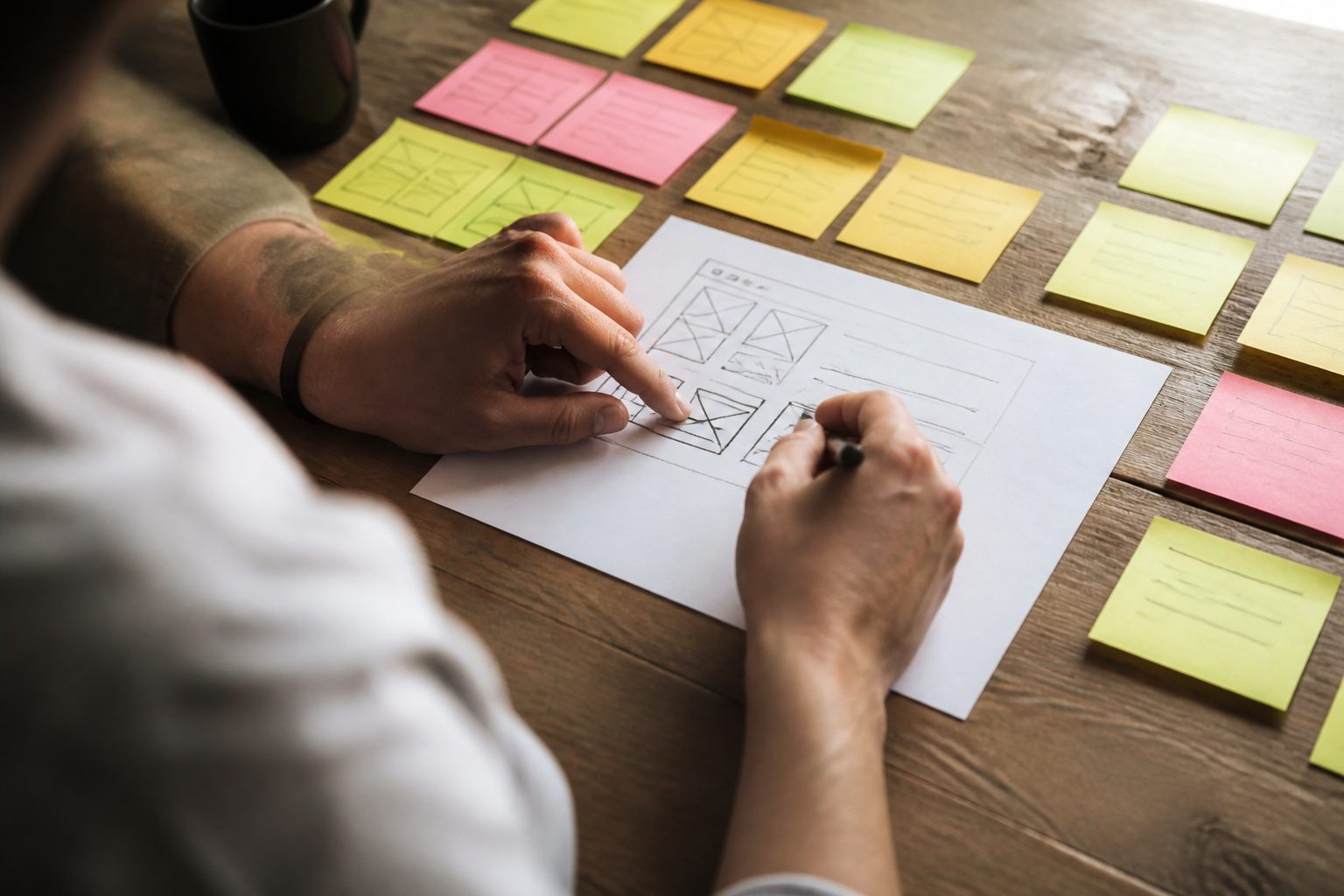 Close-up of hands sketching a simple website layout on paper with sticky notes arranged around it on a wooden table, natural daylight from the side, relaxed planning atmosphere