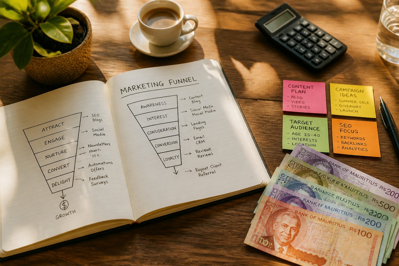flat-lay of marketing planning tools on a wooden desk — open notebook with hand-drawn funnel diagrams, Mauritian rupee notes, calculator, colour-coded sticky notes, small tropical plant, espresso cup, warm natural light