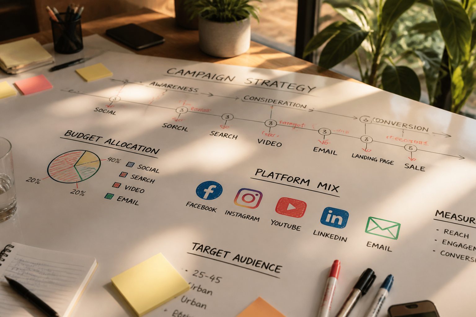 bird's-eye view of a strategy whiteboard with hand-drawn campaign timelines, budget allocations, and platform icons sketched in marker, warm tropical light coming through a window onto a clean conference table