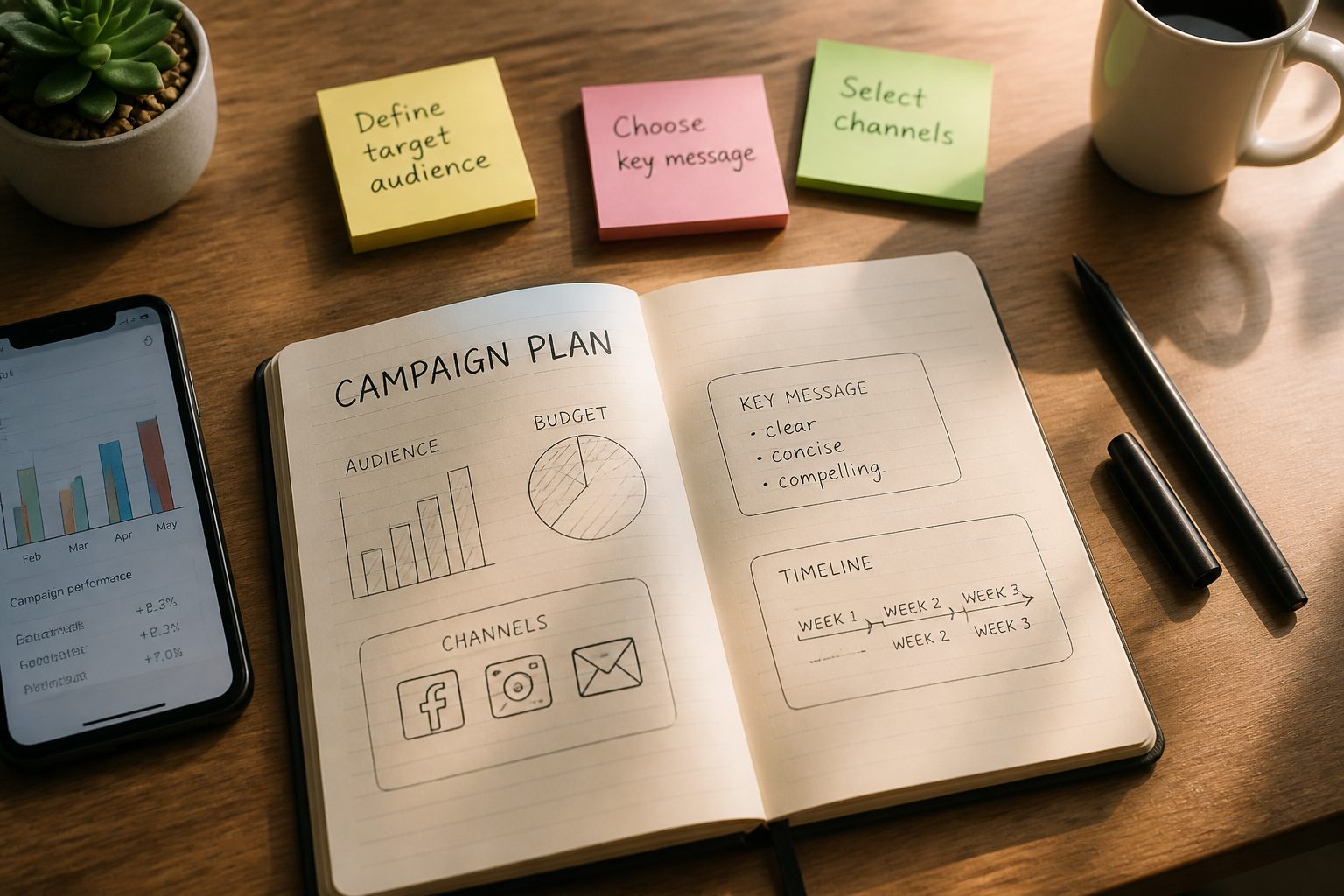 Flat-lay of marketing planning materials on a wooden desk — a notebook open to hand-drawn campaign sketches, colourful sticky notes, a smartphone showing a bar chart, and an uncapped pen. Warm natural overhead lighting, clean and organised feel.