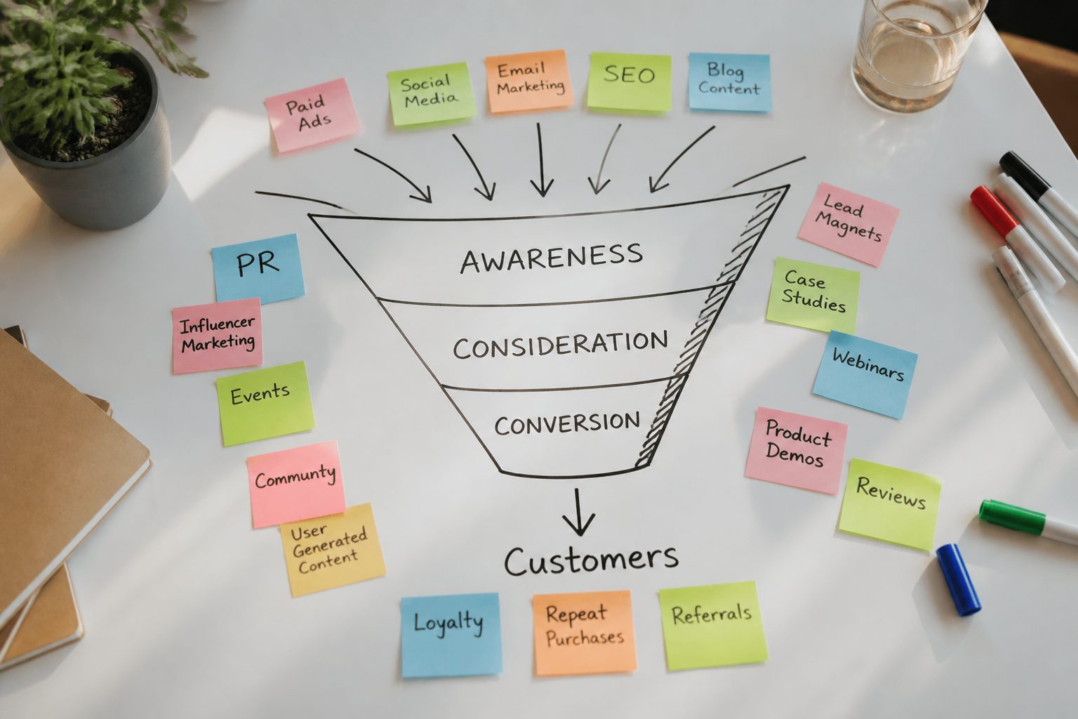Bird's-eye view of a bright office whiteboard with a hand-drawn marketing funnel in marker — awareness, consideration, and conversion stages labelled — surrounded by colourful sticky notes and a few uncapped markers. Modern, energetic, strategy-focused feel.
