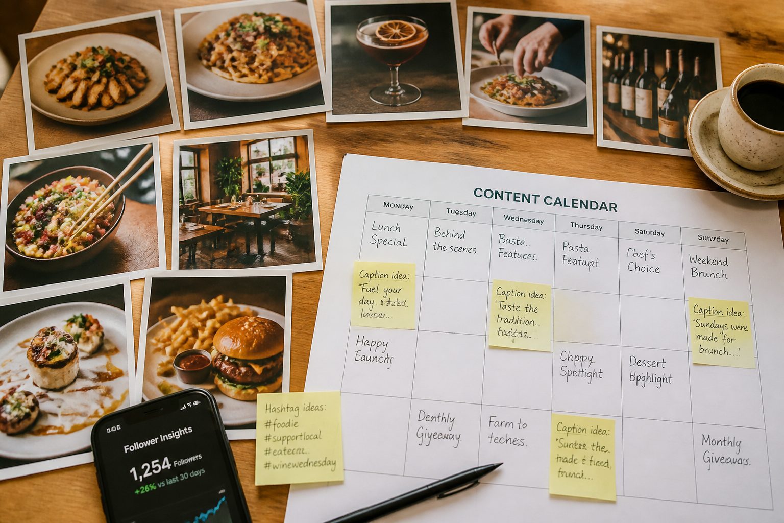 A flat-lay of a local restaurant's social media content planning setup — printed food photos arranged in a grid, a weekly content calendar sheet, sticky notes with caption ideas, and a smartphone showing Instagram follower growth, all on a warm wooden table shot from directly above