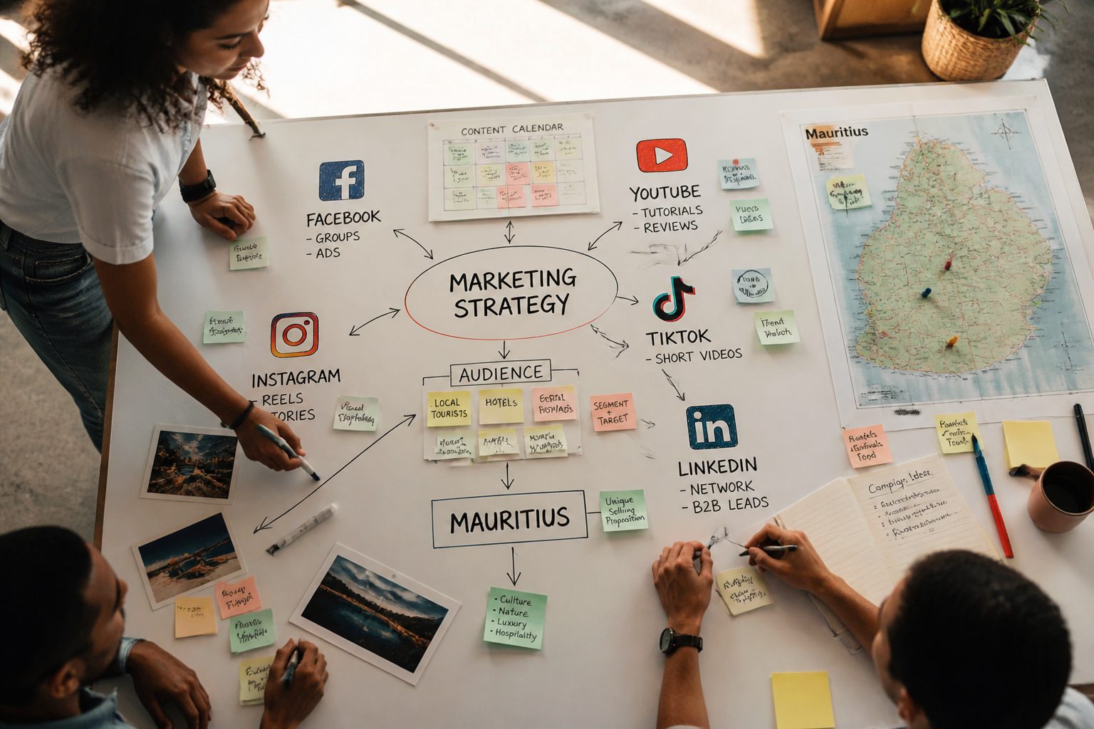 A bird's-eye view of a marketing strategy whiteboard session — a large whiteboard covered in hand-drawn arrows, platform logos sketched in marker, sticky notes with audience segments, and a printed Mauritius map pinned to one corner, photographed from above in bright natural office light