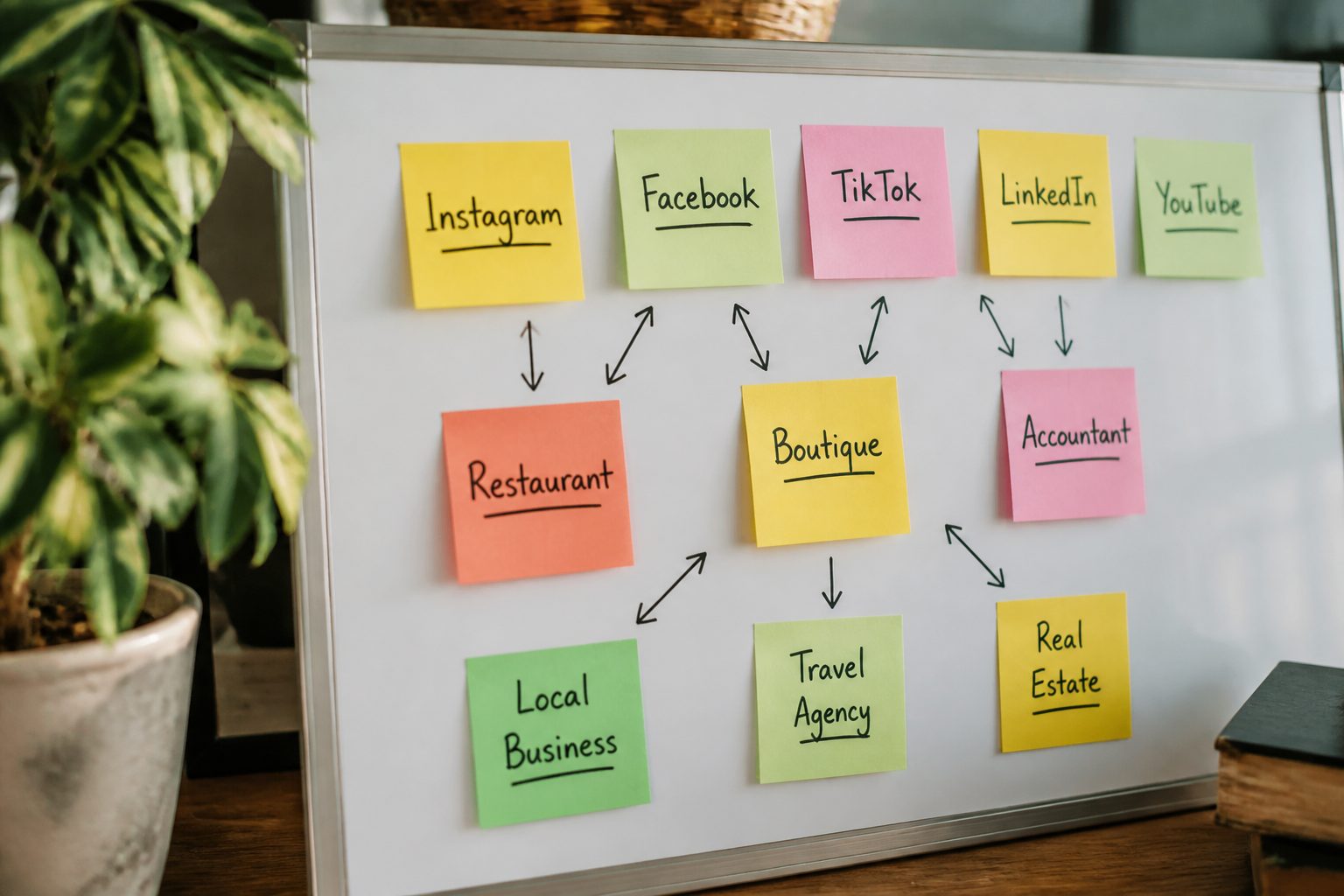 flat-lay of sticky notes arranged on a whiteboard showing different social media platform names with arrows pointing to business types like 