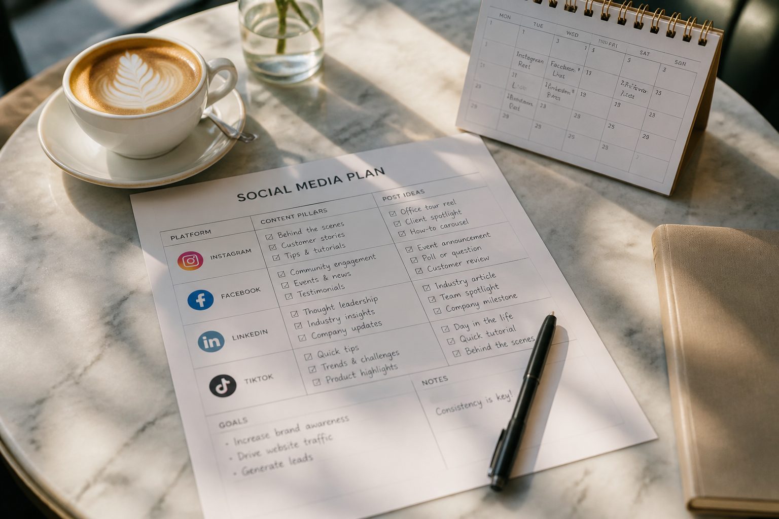 bird's-eye view of a café table with a printed one-page social media plan, a coffee cup, a pen marking checkboxes, and a small calendar — warm morning light, clean and minimal, no faces