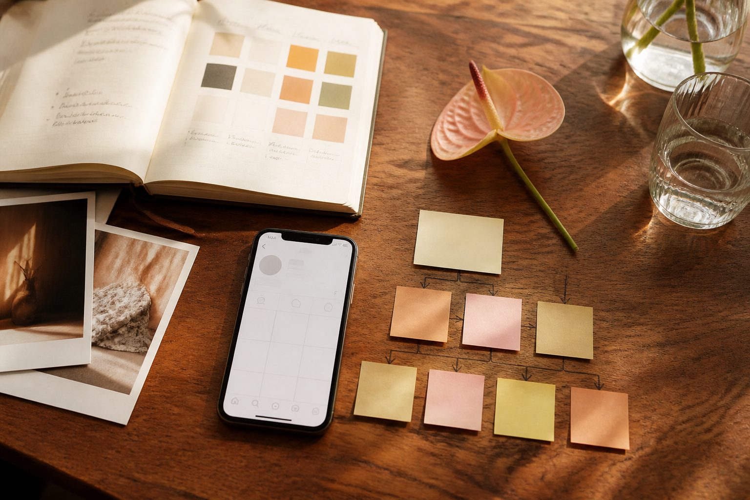 flat-lay on a polished teak wood desk showing a smartphone with a blank Instagram business profile, a handwritten brand style guide open to a color swatch page, sticky notes arranged in a hand-drawn platform flowchart, a single anthurium flower, warm golden-hour side lighting, strict overhead composition, no text on device screens