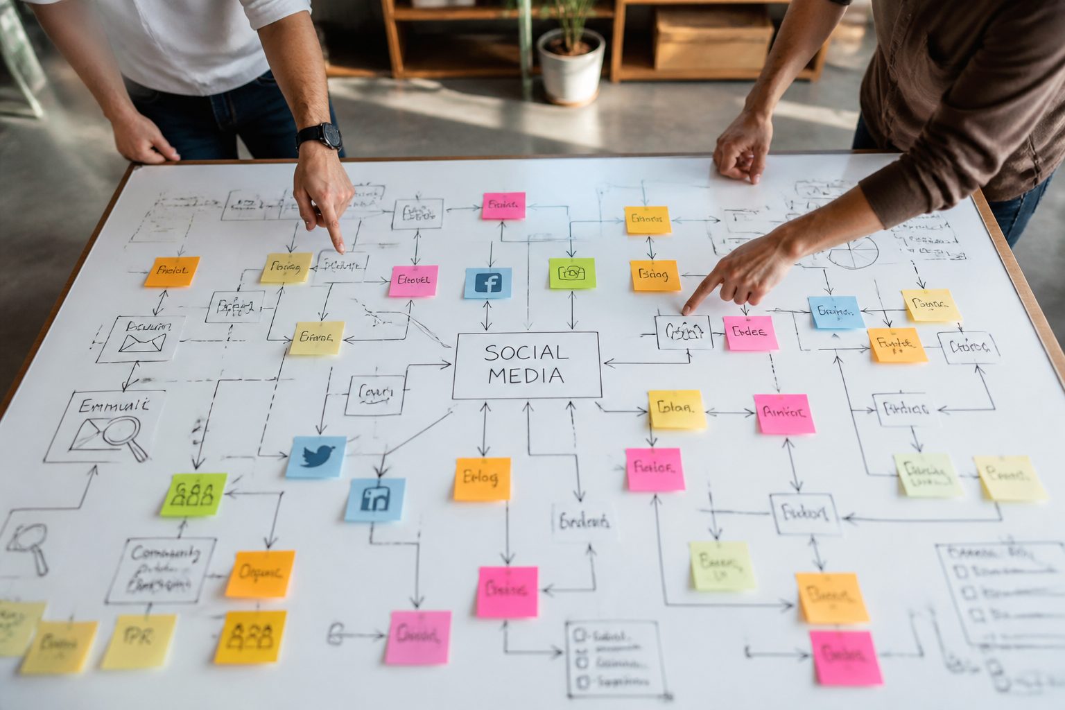 bird's-eye view of a large whiteboard covered in colour-coded sticky notes mapping out a social media platform connection flow, two pairs of hands pointing at different sections of the board, bright modern open-plan office setting, natural overhead lighting, clean and organised layout, no digital devices visible