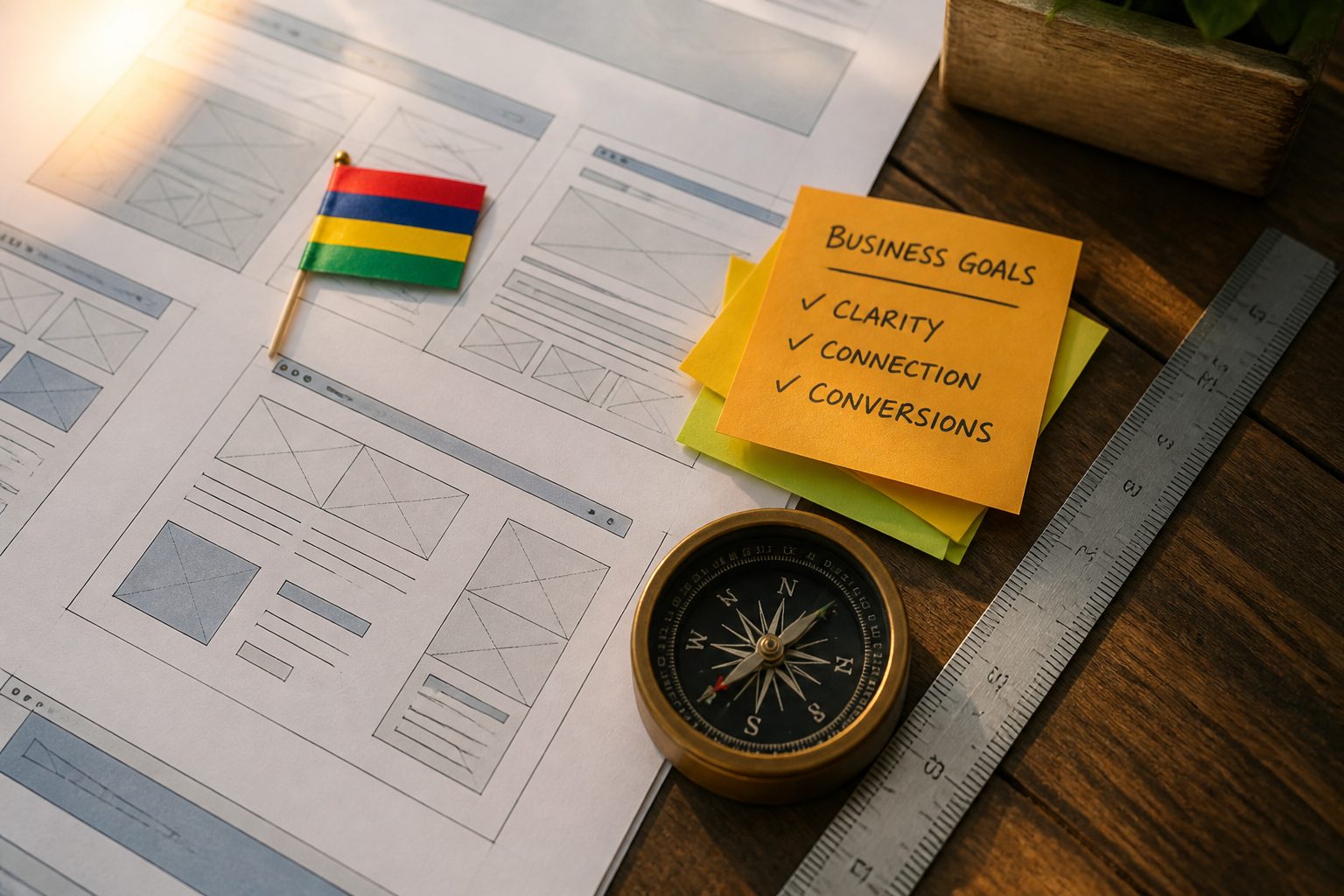 Flat-lay of printed website wireframes, a Mauritius flag pin, sticky notes with business goals, a compass and ruler arranged on a warm wooden desk, overhead shot with soft natural light