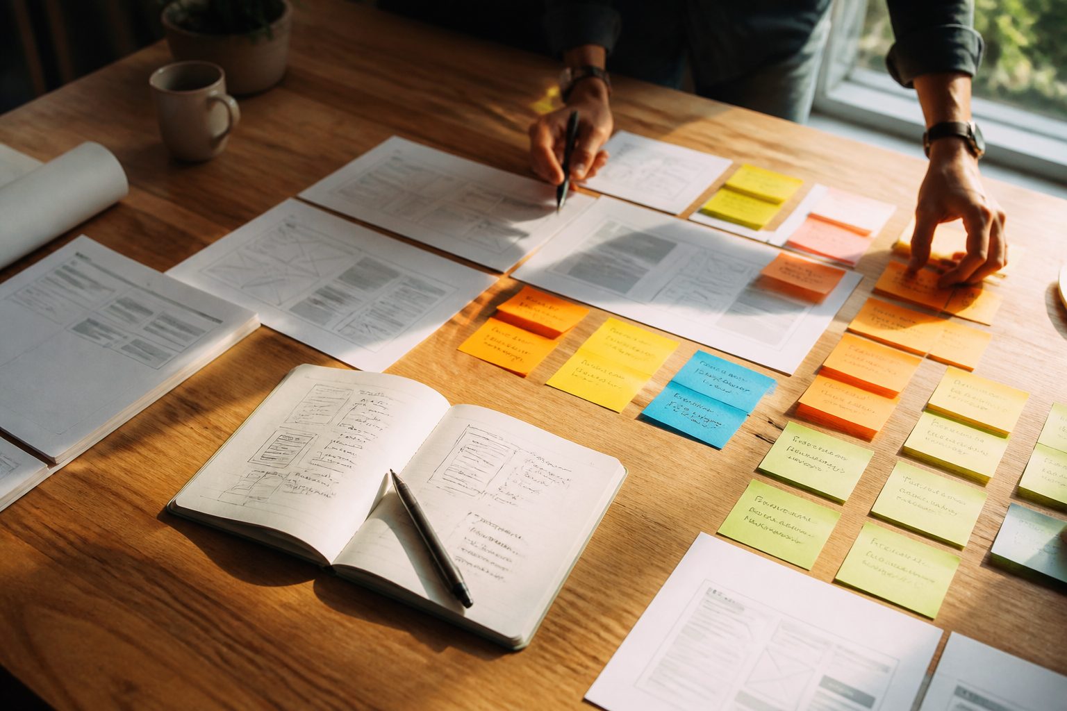 Bird's-eye view of a web design planning session — printed wireframe pages spread across a wooden table, bright sticky notes grouped by colour, a pen resting on an open sketchbook with rough layout sketches, warm natural light from a nearby window