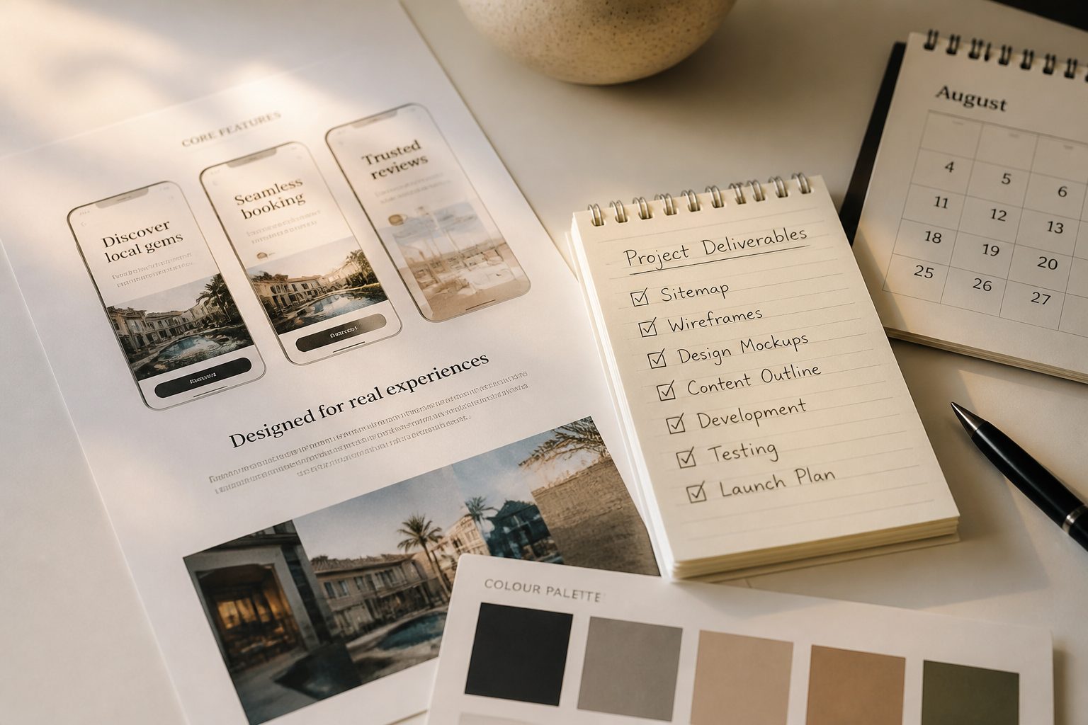 Flat-lay of web project deliverables on a white surface — a printed mobile mockup page, a notepad checklist with items ticked off in pen, a small desk calendar, and a colour palette swatch card, all arranged neatly with clean side lighting